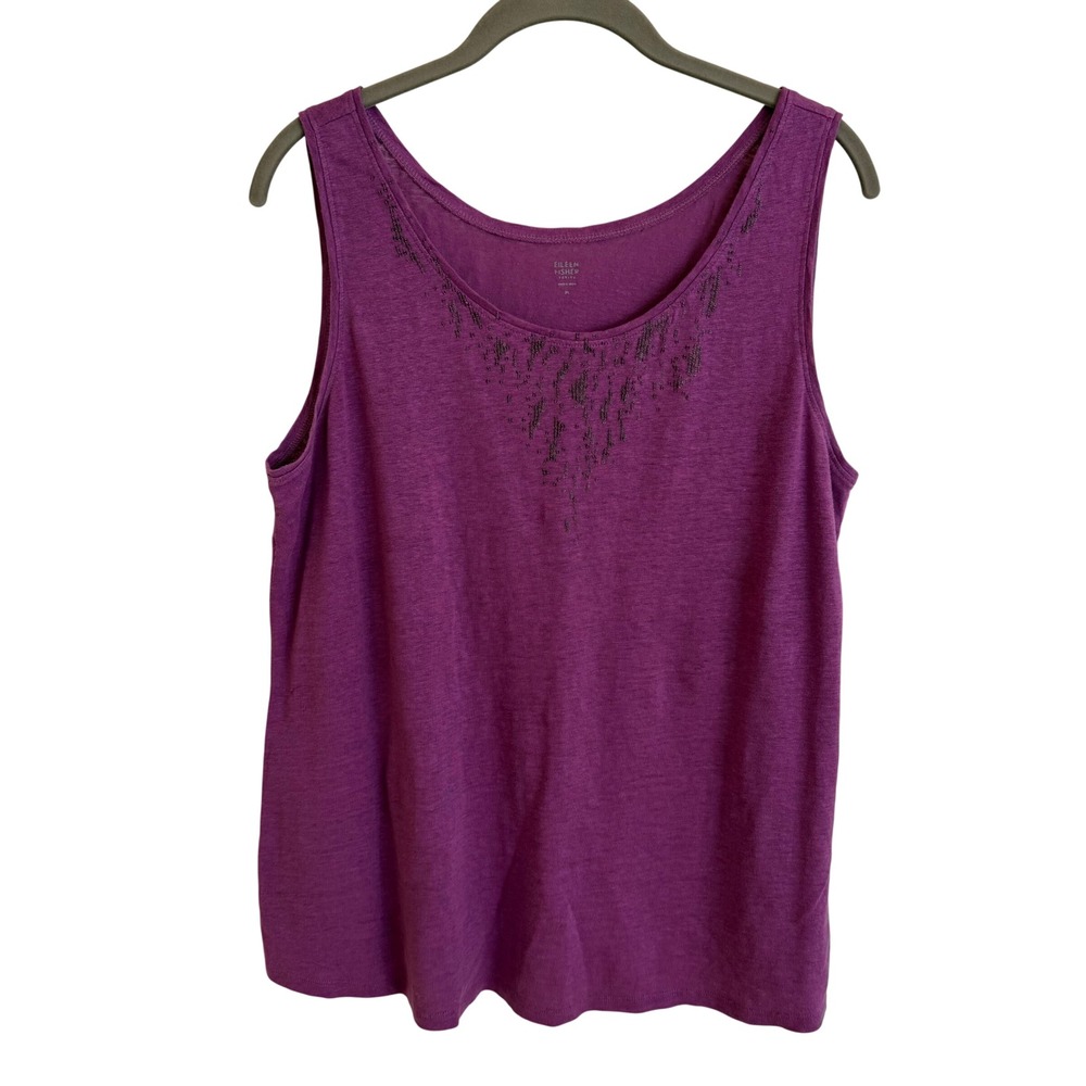 Eileen Fisher Purple 100% Linen Beaded Scoop Neck Tank Top Petite PL Womens